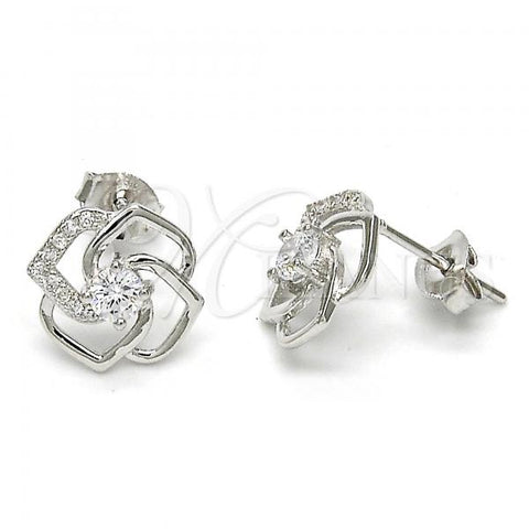 Sterling Silver Stud Earring, with White Cubic Zirconia and White Micro Pave, Polished, Rhodium Finish, 02.285.0014
