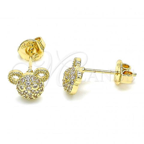 Oro Laminado Stud Earring, Gold Filled Style Teddy Bear Design, with White Micro Pave, Polished, Golden Finish, 02.156.0433