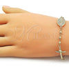 Oro Laminado Fancy Bracelet, Gold Filled Style Guadalupe and Crucifix Design, Polished, Golden Finish, 03.213.0359.08
