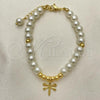 Oro Laminado Fancy Bracelet, Gold Filled Style Dragon-Fly and Ball Design, with Ivory Pearl, Polished, Golden Finish, 03.405.0019.07