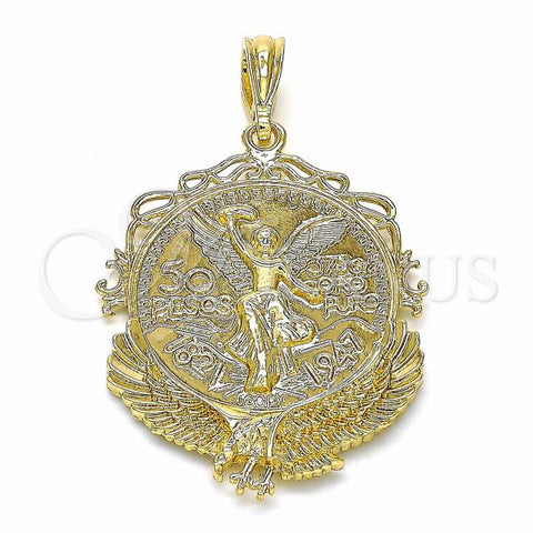 Oro Laminado Religious Pendant, Gold Filled Style Centenario Coin and Angel Design, Polished, Golden Finish, 05.351.0055