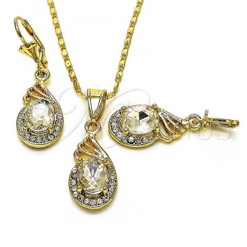 Oro Laminado Earring and Pendant Adult Set, Gold Filled Style Teardrop Design, with White Crystal, Polished, Golden Finish, 10.351.0018