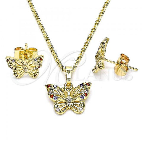 Oro Laminado Earring and Pendant Adult Set, Gold Filled Style Butterfly Design, with Multicolor Micro Pave, Polished, Golden Finish, 10.284.0021
