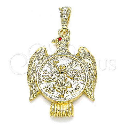 Oro Laminado Religious Pendant, Gold Filled Style Centenario Coin and Angel Design, with Garnet Crystal, Polished, Golden Finish, 05.351.0145