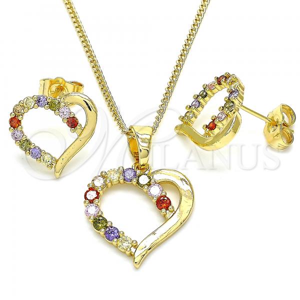 Oro Laminado Earring and Pendant Adult Set, Gold Filled Style Heart Design, with Multicolor Cubic Zirconia, Polished, Golden Finish, 10.210.0157.2