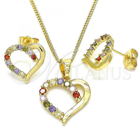 Oro Laminado Earring and Pendant Adult Set, Gold Filled Style Heart Design, with Multicolor Cubic Zirconia, Polished, Golden Finish, 10.210.0157.2