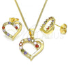 Oro Laminado Earring and Pendant Adult Set, Gold Filled Style Heart Design, with Multicolor Cubic Zirconia, Polished, Golden Finish, 10.210.0157.2