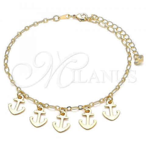 Oro Laminado Charm Anklet , Gold Filled Style Anchor Design, Polished, Golden Finish, 03.63.2192.10
