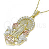 Oro Laminado Religious Pendant, Gold Filled Style Guadalupe and Flower Design, with White Crystal, Polished, Tricolor, 05.351.0019.1