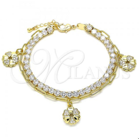 Oro Laminado Charm Bracelet, Gold Filled Style Flower and Paperclip Design, with White Cubic Zirconia and White Micro Pave, Polished, Golden Finish, 03.63.2183.08