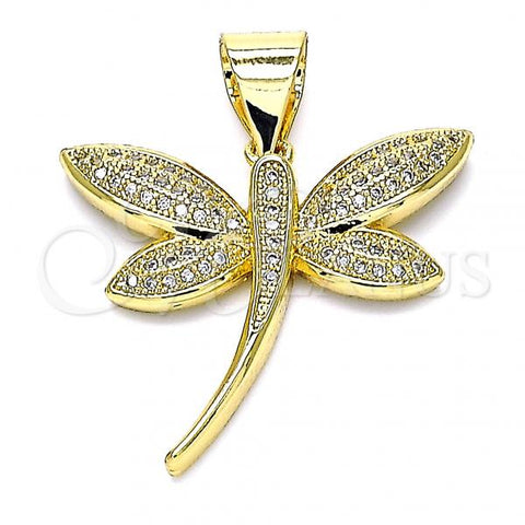 Oro Laminado Fancy Pendant, Gold Filled Style Dragon-Fly Design, with White Micro Pave, Polished, Golden Finish, 05.342.0036