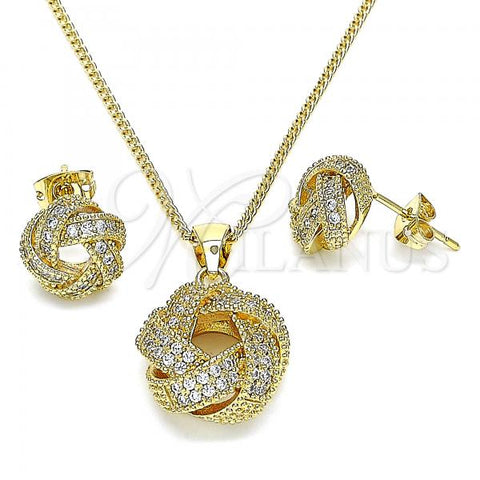 Oro Laminado Earring and Pendant Adult Set, Gold Filled Style Love Knot Design, with White Micro Pave, Polished, Golden Finish, 10.342.0057