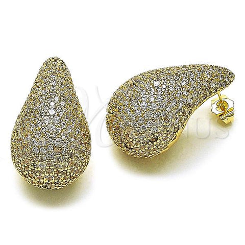 Oro Laminado Stud Earring, Gold Filled Style Teardrop and Hollow Design, with White Cubic Zirconia, Polished, Golden Finish, 02.202.0001