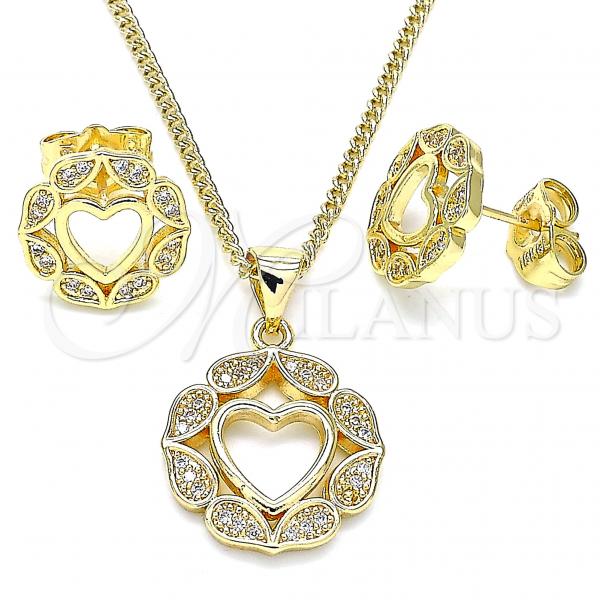 Oro Laminado Earring and Pendant Adult Set, Gold Filled Style Heart and Teardrop Design, with White Micro Pave, Polished, Golden Finish, 10.156.0295