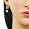 Oro Laminado Dangle Earring, Gold Filled Style Ball Design, with Ivory Micro Pave and White Cubic Zirconia, Polished, Golden Finish, 02.213.0773