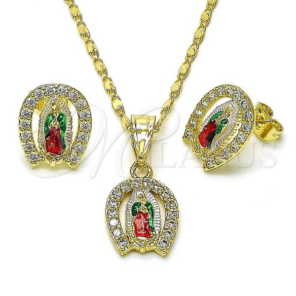 Oro Laminado Earring and Pendant Adult Set, Gold Filled Style Guadalupe Design, with White Cubic Zirconia, Polished, Tricolor, 10.411.0001