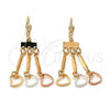 Oro Laminado Long Earring, Gold Filled Style Heart Design, Diamond Cutting Finish, Tricolor, 02.63.2281