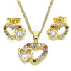 Oro Laminado Earring and Pendant Adult Set, Gold Filled Style Heart Design, with Multicolor Cubic Zirconia, Polished, Golden Finish, 10.210.0159.2
