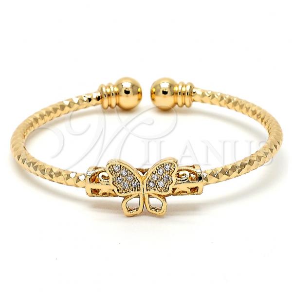Oro Laminado Individual Bangle, Gold Filled Style Butterfly and Ball Design, with White Micro Pave, Diamond Cutting Finish, Golden Finish, 07.193.0004.1