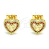 Oro Laminado Stud Earring, Gold Filled Style Heart and Bow Design, with Garnet Micro Pave, Polished, Golden Finish, 02.156.0298.1