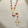 Oro Laminado Medium Rosary, Gold Filled Style Caridad del Cobre and Crucifix Design, with Black and Orange Red Azavache, Polished, Golden Finish, 09.63.0110.18