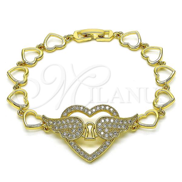 Oro Laminado Fancy Bracelet, Gold Filled Style Heart and Wings Design, with White Micro Pave, Polished, Golden Finish, 03.283.0378.08