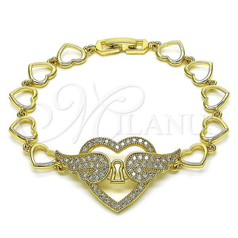 Oro Laminado Fancy Bracelet, Gold Filled Style Heart and Wings Design, with White Micro Pave, Polished, Golden Finish, 03.283.0378.08