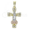 Oro Laminado Religious Pendant, Gold Filled Style Guadalupe and Cross Design, with White Crystal, Polished, Tricolor, 05.380.0087