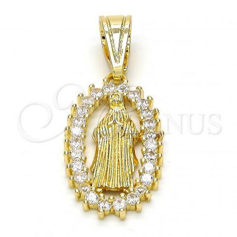 Oro Laminado Religious Pendant, Gold Filled Style Guadalupe Design, with White Cubic Zirconia, Polished, Golden Finish, 05.120.0061