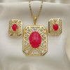 Oro Laminado Earring and Pendant Adult Set, Gold Filled Style with Ruby Opal and White Crystal, Resin Finish, Golden Finish, 10.262.0007.3