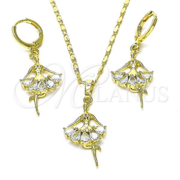 Oro Laminado Earring and Pendant Adult Set, Gold Filled Style Little Girl Design, with White Cubic Zirconia, Polished, Golden Finish, 10.196.0148
