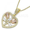 Oro Laminado Pendant Necklace, Gold Filled Style Heart and Flower Design, Polished, Tricolor, 04.351.0014.20