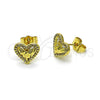 Oro Laminado Stud Earring, Gold Filled Style Heart Design, with White Micro Pave, Diamond Cutting Finish, Golden Finish, 02.156.0704