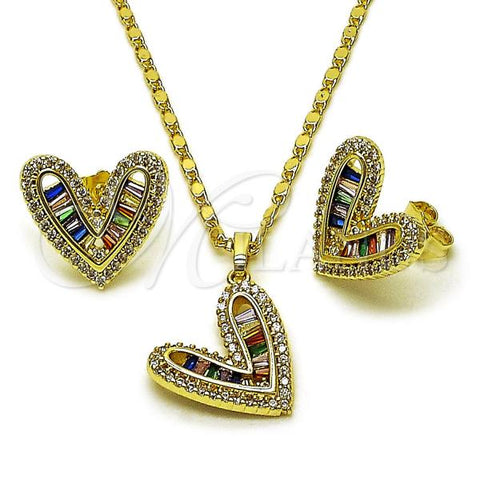 Oro Laminado Earring and Pendant Adult Set, Gold Filled Style Heart and Baguette Design, with Multicolor and White Cubic Zirconia, Polished, Golden Finish, 10.196.0191