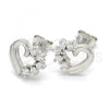 Sterling Silver Stud Earring, Heart Design, with White Cubic Zirconia, Polished, Rhodium Finish, 02.336.0049