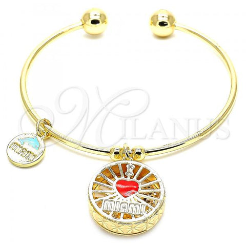 Oro Laminado Individual Bangle, Gold Filled Style Heart and Dolphin Design, with White Cubic Zirconia, Red Enamel Finish, Golden Finish, 07.106.0003 (02 MM Thickness, One size fits all)