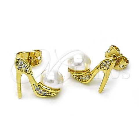 Oro Laminado Stud Earring, Gold Filled Style Shoes Design, with Ivory Pearl and White Micro Pave, Polished, Golden Finish, 02.213.0708