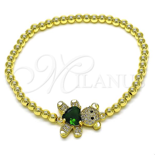 Oro Laminado Fancy Bracelet, Gold Filled Style Expandable Bead and Teddy Bear Design, with White and Black Micro Pave, Polished, Golden Finish, 03.299.0112.07