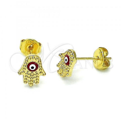 Oro Laminado Stud Earring, Gold Filled Style Hand of God and Evil Eye Design, Red Enamel Finish, Golden Finish, 02.213.0399