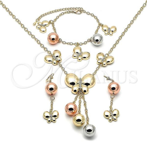 Oro Laminado Necklace, Bracelet, Earring and Ring, Gold Filled Style Chunky and Ball Design, with White Crystal, Polished, Tricolor, 06.372.0084