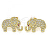 Oro Laminado Stud Earring, Gold Filled Style Elephant Design, with White and Ruby Micro Pave, Polished, Golden Finish, 02.199.0030