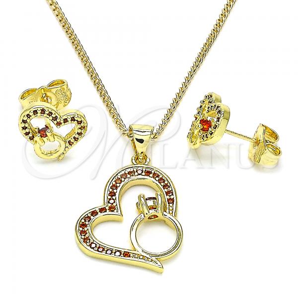 Oro Laminado Earring and Pendant Adult Set, Gold Filled Style Heart Design, with Garnet Micro Pave, Polished, Golden Finish, 10.156.0417.1