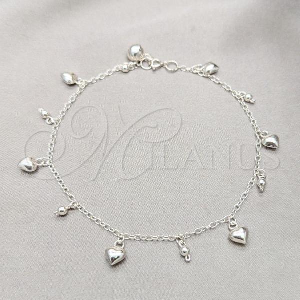 Sterling Silver Fancy Anklet, Heart and Ball Design, Polished, Silver Finish, 03.409.0068.10