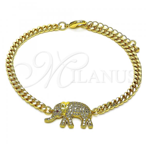 Oro Laminado Fancy Bracelet, Gold Filled Style Elephant Design, with White and Ruby Micro Pave, Polished, Golden Finish, 03.368.0074.08