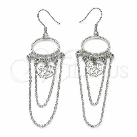 Sterling Silver Long Earring, Flower Design, with White Cubic Zirconia, Polished, Rhodium Finish, 02.367.0019