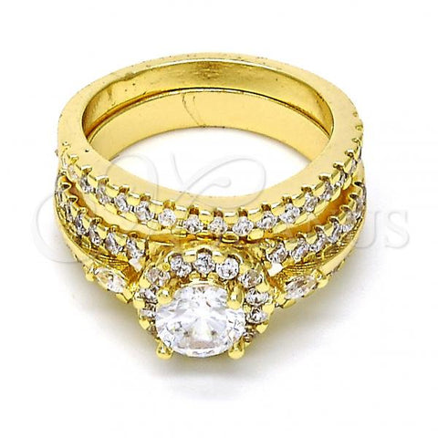 Oro Laminado Wedding Ring, Gold Filled Style Duo Design, with White Cubic Zirconia, Polished, Golden Finish, 01.99.0075.07 (Size 7)