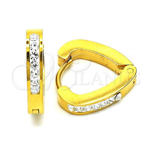 Stainless Steel Huggie Hoop, Heart Design, with White Crystal, Polished, Golden Finish, 02.216.0050.1.15