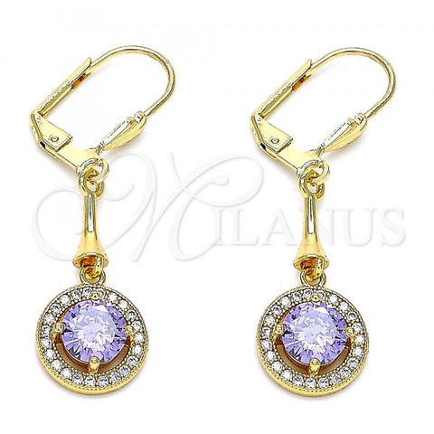 Oro Laminado Long Earring, Gold Filled Style with Amethyst and White Cubic Zirconia, Polished, Golden Finish, 02.387.0042.1