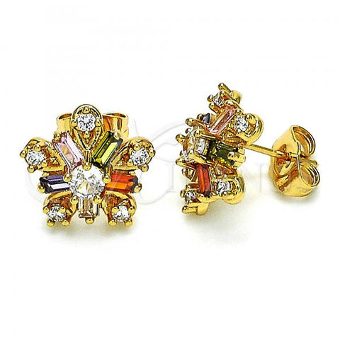 Oro Laminado Stud Earring, Gold Filled Style Flower Design, with Multicolor Cubic Zirconia, Polished, Golden Finish, 02.387.0089.1