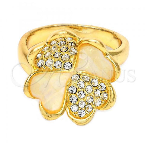 Oro Laminado Elegant Ring, Gold Filled Style Flower and Heart Design, with Champagne Opal and White Crystal, Polished, Golden Finish, 5.174.022.08 (Size 8)